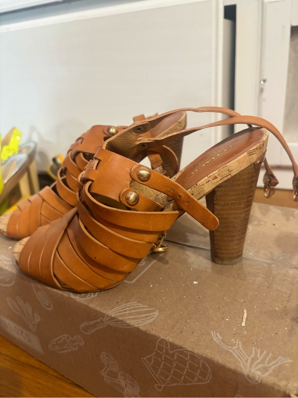Coach Tan Leather Strappy Block Heels